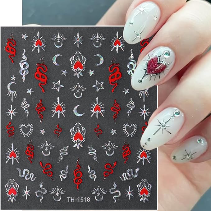 6Pcs Glitter Star Nail Stickers 5D Self Adhesives Rhinestones Design Stars Heart Nail Decals Aurora Gold Silver Red Snake Sun Moon Bow Nail Decoration Metallic Star Nail Art Stickers for Nail Supplies