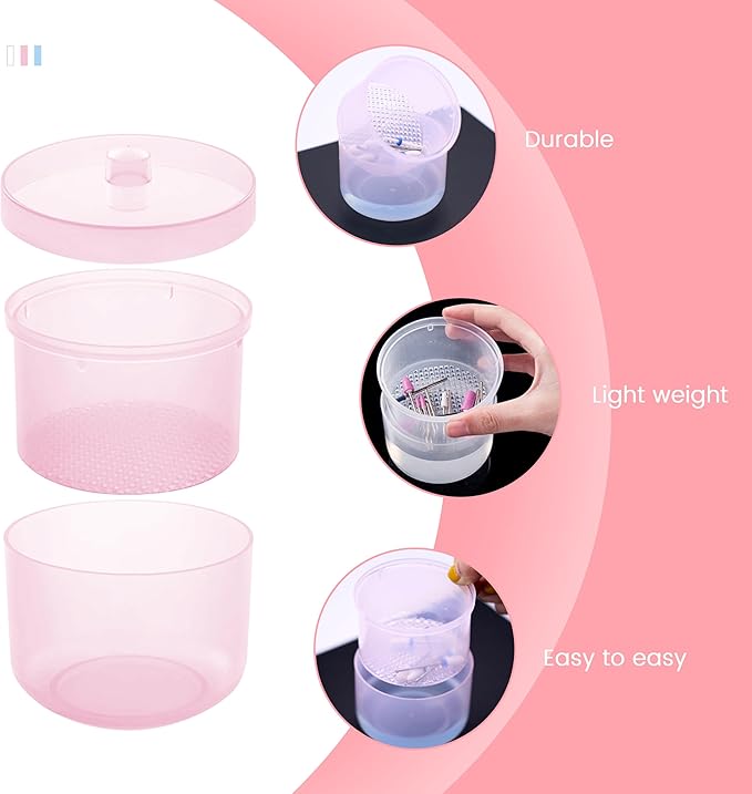Nail Art Tools Cleaner Storage Box Nail Drill Bits Clipper Cutter Alcohol Soaking Cleaner Tweezers Accessories Clean Nail Tools (Pink)