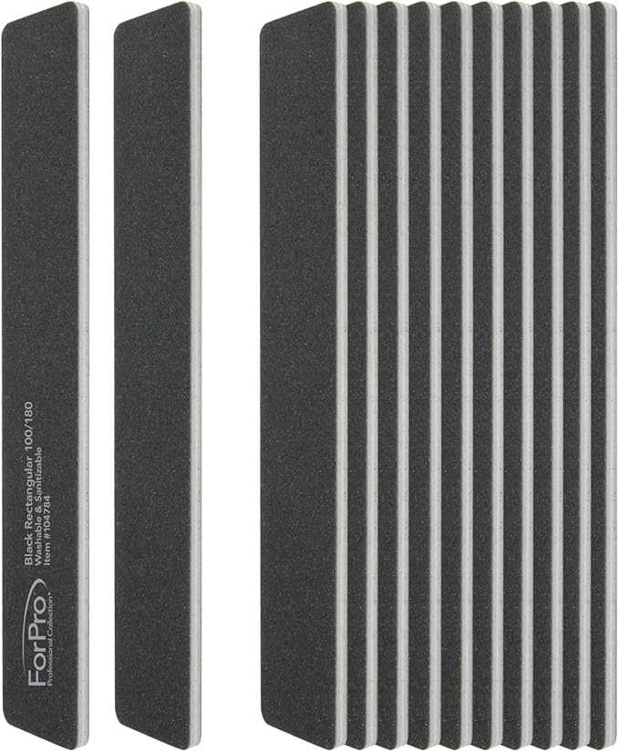 ForPro Professional Collection Rectangular Foam Boards, Black, 100/180 Grit, Double-Sided Manicure and Pedicure Nail Files, 7” L x 1.1” W, 12-Count