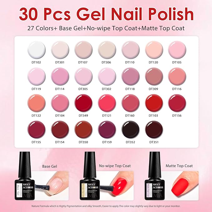 MEET ACROSS Gel Nail Polish Set,Gel Nail Kit Art Design Soak Off UV LED,Nail Art Design Gifts for Women (Set-7, 30PCS)