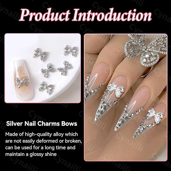 80 Pcs Silver Alloy Bow Nail Charms, 3D Metal Bowknot Nail Jewelry, Nail Art Design DIY Accessories
