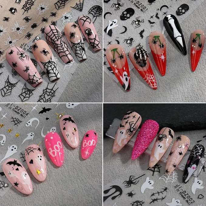 Halloween Nail Sticker 6Sheets Dark Halloween Crystal Star Spider Web Ghost Skull Nail Stickers for Nail Art,Halloween Pumpkin Nail Decals 3D Design Self-Adhesive Nail Supplies DIY Manicure Decoration