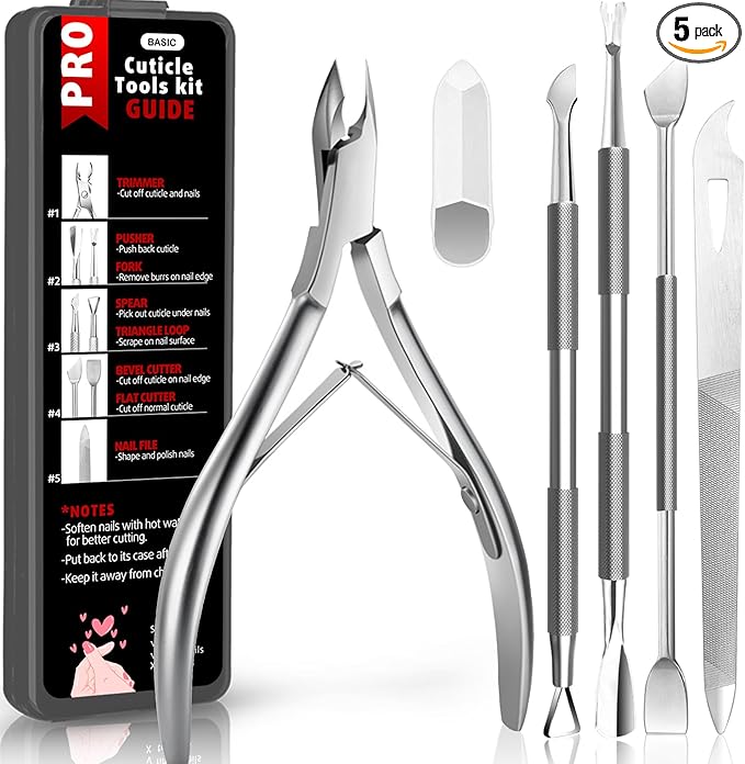Cbiumpro 5-Pack Cuticle Trimmer Set with Pusher, Cutter, Scraper, Nipper, Clipper, Professional Stainless Steel Cuticle Remover Tools Kit for Fingernails & Toenails - with Case