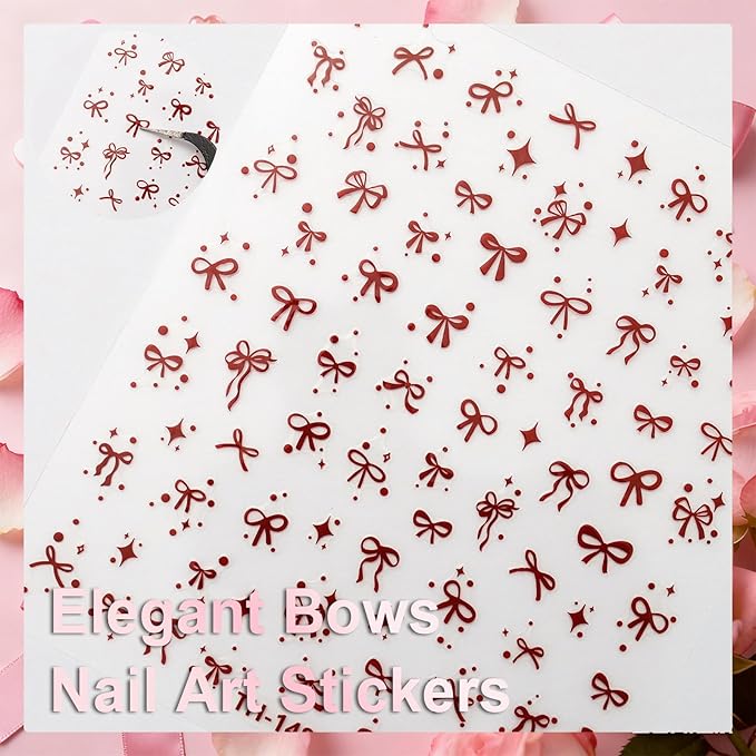 Allstarry Bow Nail Stickers, 6 Sheets Bow Stickers for Nails, Self-Adhesive Glossy Pink Red Black Cute Nail Decals for Women Girl Gift Christmas Valentine’s Day Accessories Decoration
