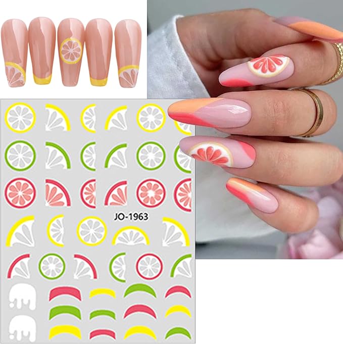 6 Sheets Colorful Fruit Nails Art Stickers Summer Nails Stickers 3D Self Adhesive Fruit Nail Decals Cute Fruits Watermelon Strawberry Cherry Nail Design Nail Art Supplies for Women Nail Decorations