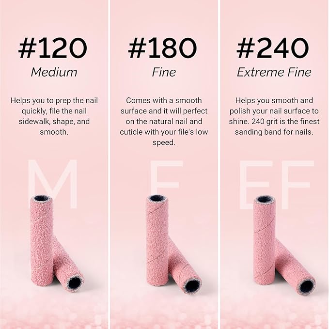 MelodySusie 50 Pcs Nail Drill Bits Super Long Small Sanding Bands with 3.1mm Crystal Mandrel Bit, 180 Fine Grit Nail File for Acrylic Nails Gel Manicures and Pedicure, Pink