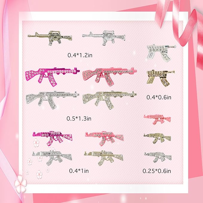 54PCS Gun 3D Nail Charms for Acrylic Nails, Gold Silver Pink Alloy Nail Gems Gun Nail Accessories, Nail Rhinestones for Nail Art Supplies Manicure Craft DIY, Medium