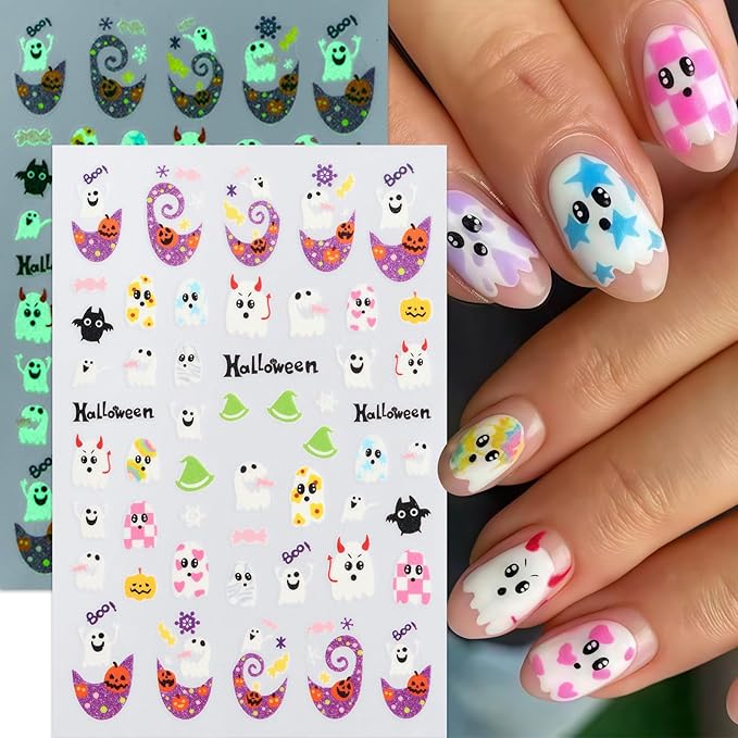 8Sheets Halloween Glow in The Dark Ghost Nail Stickers 3D Self-Adhesive Luminous Ghost Nail Art Decals Spider Web Pumpkin French Nails Design Bats Star Moon Nail Supplies Nail Decorations for Women