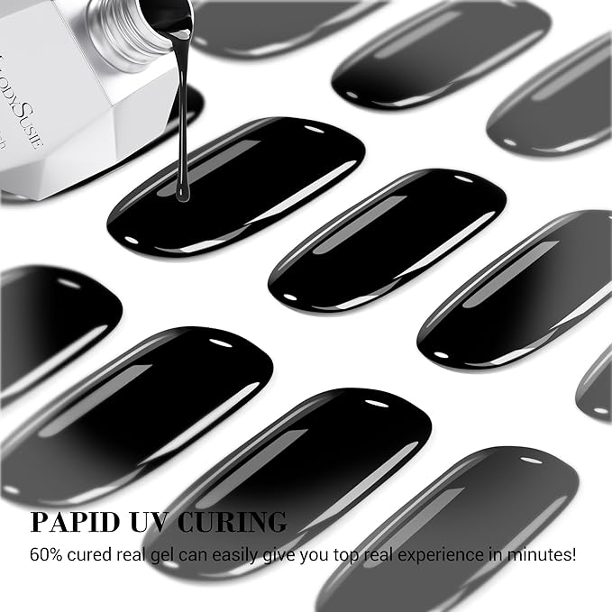 MelodySusie Semi Cured Gel Nail Strips (Black)- Works with Nail lamp, Salon-Quality, Long Lasting, Easy to Apply & Remove - Includes 20Pcs, 2 Prep Pads, Nail File & Wooden Stick