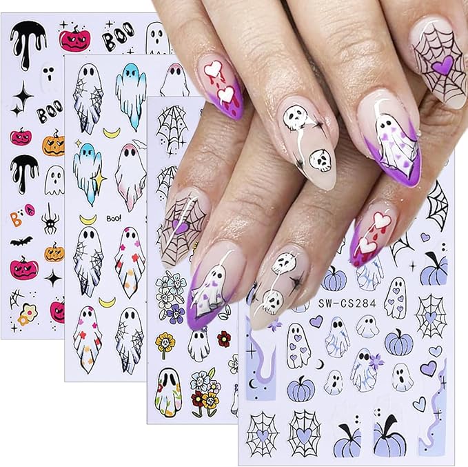 8 Sheets Halloween Nail Art Stickers Decals 3D Self-Adhesive Heart Spider Web Pumpkin Skull Flower Nail Decals Cute Ghost Nails Decorations Gothic Nail Stickers for Women Halloween Manicure Supplies