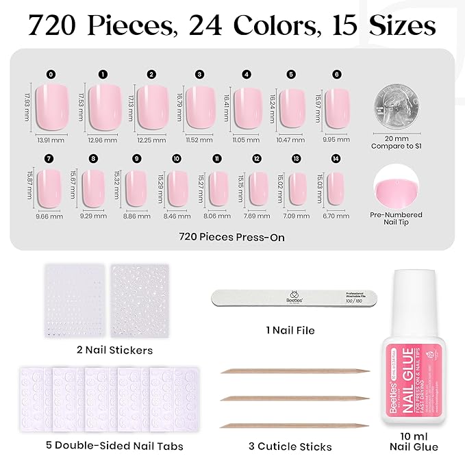 Beetles Press On Nails Kit - Funfetti | 720Pcs 24 Colors Short Square Press On Nails | 15 Sizes French Glossy Glitter With Nail Glue & Nail Tabs Stickers, Fake Nails Kit Art For Women