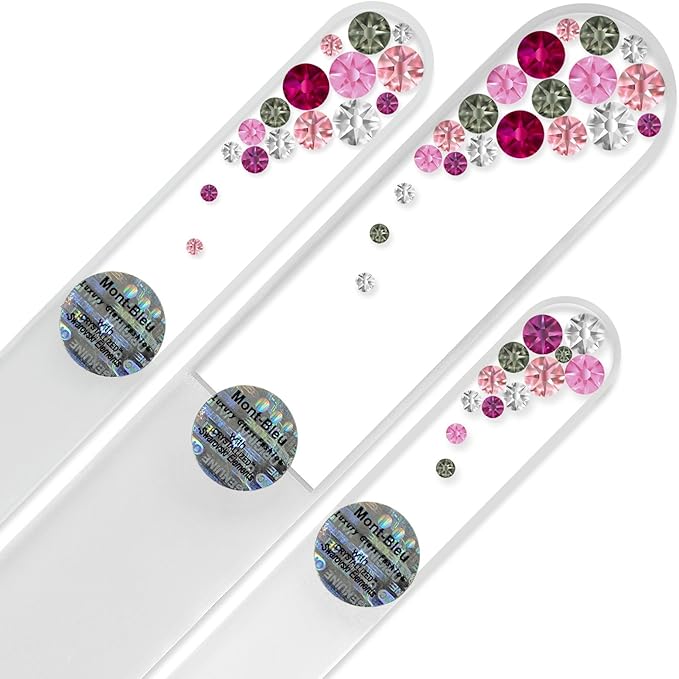 Mont Bleu Set of 3 Glass Nail Files Hand Decorated with Crystals - in Black Velvet Sleeve - Genuine Czech Tempered Glass - Handmade Crystal Nail Files