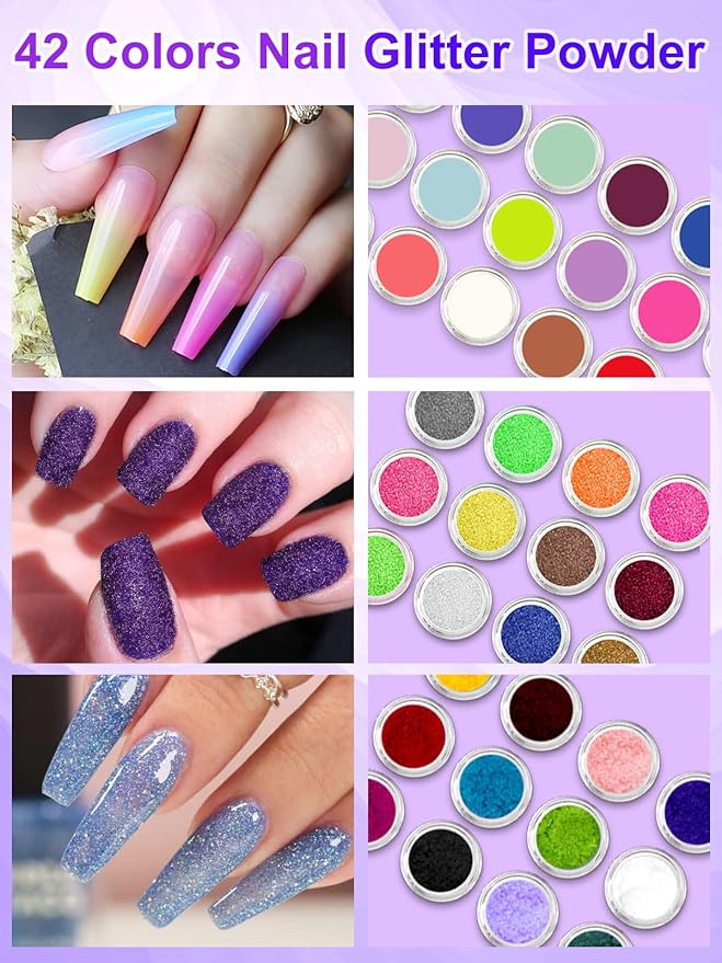 Quaferen Professional Acrylic Nail Kit for Beginners - 42 Colors Glitter Powder, Liquid, UV Light, Drill, Practice Finger Nail Bag Organizer Case