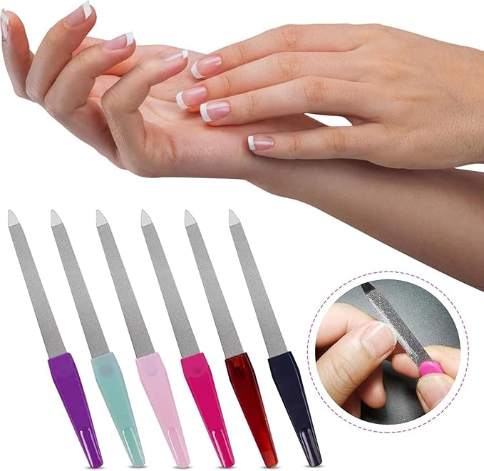 6 Pcs Metal Nail File, Double Sided Grit Fingernails Filers Stainless Steel Natural Diamond Finger Nail Filers Nail Emery Boards Tool Nail Buffers