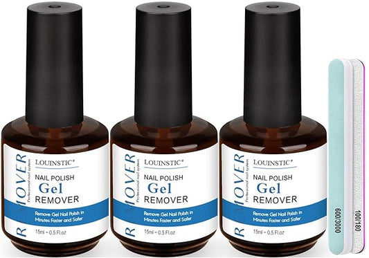 LOUINSTIC Nail Gel Polish Remover – 3 Pcs with Nail File – Non-Irritating, No Damage, Easy to Use at Home(15ml/0.5oz)