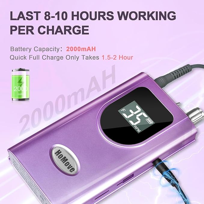 35000RPM Portable Nail Drill Machine, HoMove Professional Nail Drill Machine, Rechargeable Electric Efile Nail Drills for Acrylic Gel Nails, Cordless Portable Nails Drill【Purple】