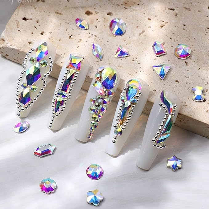 2052Pcs Crystal AB Nail Rhinestones AB Crystal Nail Charms 72 Multi Shapes Flatback Rhinestones Big Nail Art Gems +1980 Round Beads K9 Glass Stones Diamonds Jewels for Nails Faces Eyes Makeup