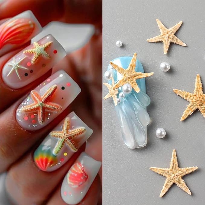 Summer Nail Art Rhinestones Ocean Nail Charm Shiny Shell Starfish Pearl Nail Design 3D Beach Theme Summer Nails Cute Nail Charm for Acrylic Nail Supplies DIY Crafts Manicure Decoration Accessories