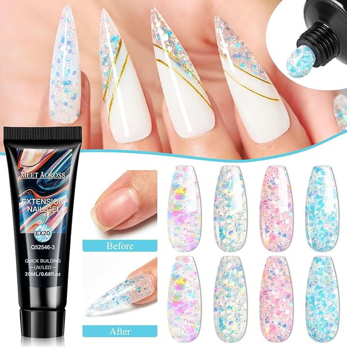 MEET ACROSS Poly Nail Gel 10Pcs Nail Extension Gel Set and Nail Extension Starter Kit for Beginners Nail Art DIY Home Gifts for Women (Candy Glitter, 12pcs)