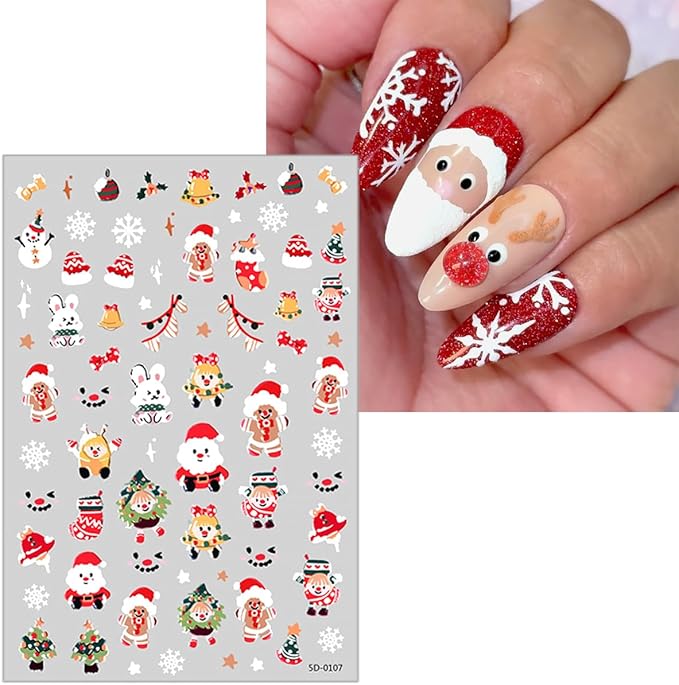 8 Sheets 3D Embossed Christmas Nail Stickers Self-Adhesive Santa Claus Decoration Reindeer Snowflake Gift Xmas Trees Decals Winter Acrylic Nail Art Supplies for Women
