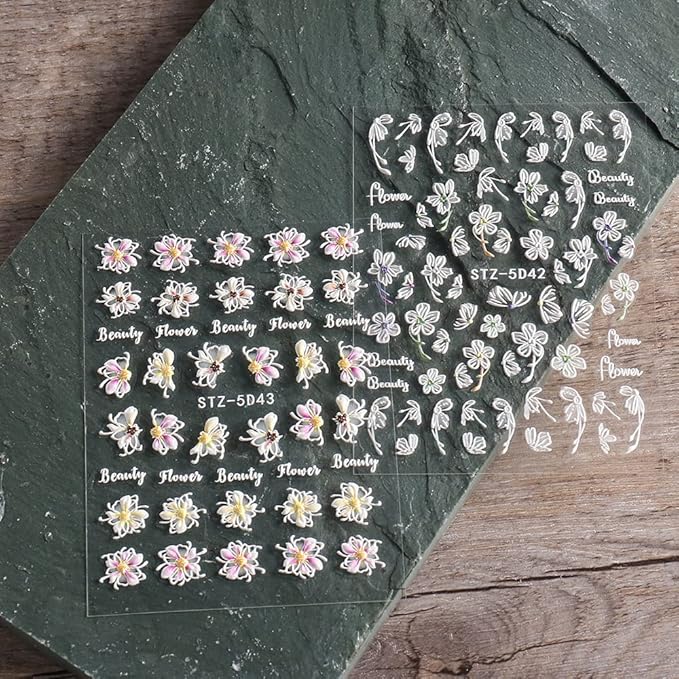 3D Embossed Spring Flower Nail Art Stickers Decals 4 Sheets 5D Self-Adhesive Pegatinas Uñas Pink Cherry Blossoms Floral Nail Supplies Nail Art Design Decoration Accessories