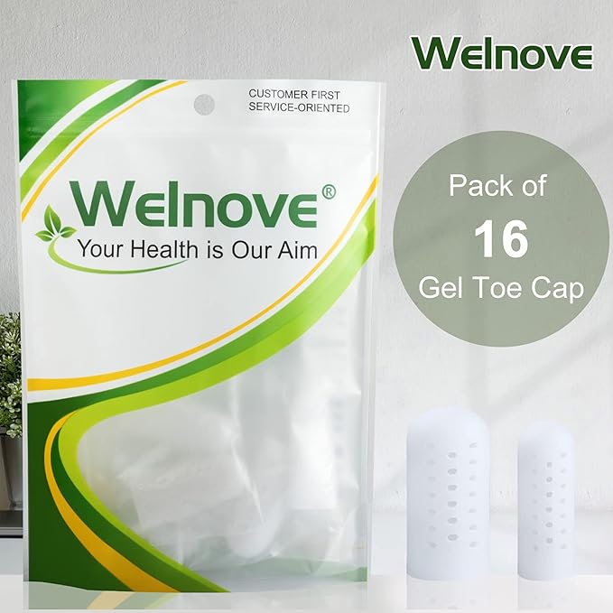 Welnove Pack of 16 Toe Protectors, Gel Toe Caps, Breathable Toe Sleeves, Pain Relief and Prevention for Corns, Blisters and Ingrown Toenails (10 Large for Big Toes + 6 Medium for Small Toes) - White