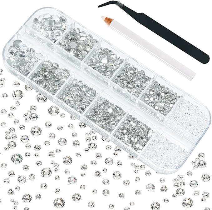 4010Pcs Crystal Clear Rhinestones, Crystal White Nail Rhinestones for Makeup K9 Glass 6 Sizes (1.6-6mm) to SS30 Round Flatback Nail Gems Stones Jewels Non-Hotfix Nail Charms for Nails Eyes Face Crafts