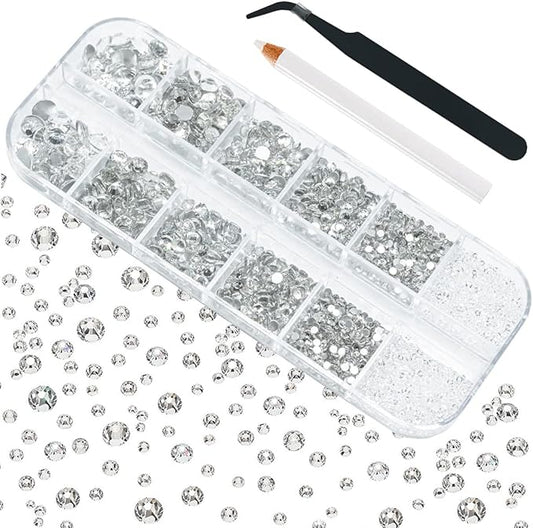 4010Pcs Crystal Clear Rhinestones, Crystal White Nail Rhinestones for Makeup K9 Glass 6 Sizes (1.6-6mm) to SS30 Round Flatback Nail Gems Stones Jewels Non-Hotfix Nail Charms for Nails Eyes Face Crafts