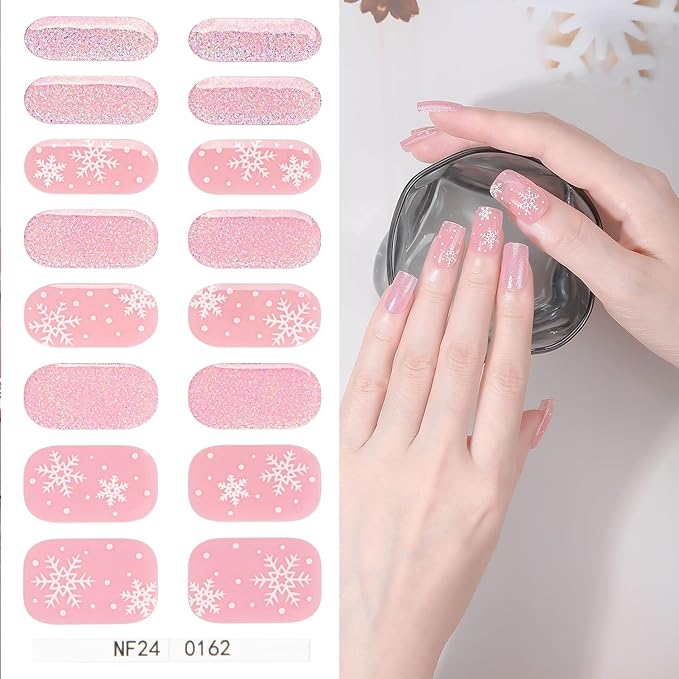 Christmas Semi Cured Gel Nail Strips, 16 Pcs Winter Xmas Gel Nail Stickers Snowflake Designs Pink Glitter Wraps for UV/Led Manicure Lamp Nails Art Decorations