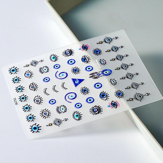 Blue Evil Eye Nail Stickers 5D Embossed Nail Decals Self-Adhesive Nail Art Supplies Eyelash Eye Manicure Stickers for Women Nails Art Decoration