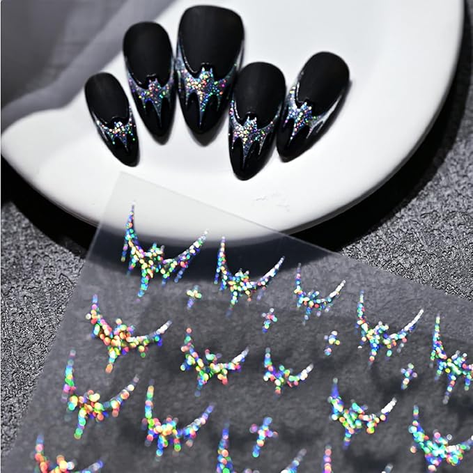 3 Sheets Halloween Nail Stickers for Nail Art 3D Bat Nail Art Stickers Silver Red Black Glitter with French Tip Design Sticker Horror Gothic Nail Decals for Women Acrylic Nails Decoration