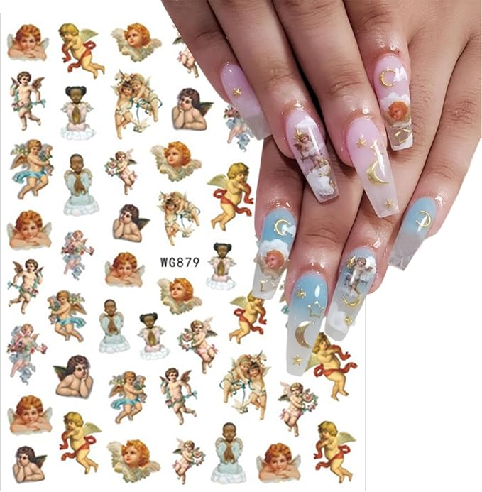 8 Sheets Angel Nail Art Stickers 3D Self-Adhesive Rose Flowers Nail Stickers Decals Cupid Love Heart Wings Nail Art Design Stickers Valentine's for Women Acrylic DIY Manicure Decorations