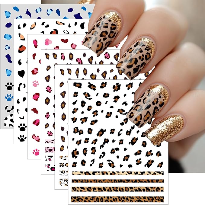 6 Sheets French Leopard Nail Stickers 3D Self-Adhesive Pink Brown Leopard Nail Designs Colorful Animals Suitable for Women Girls DIY