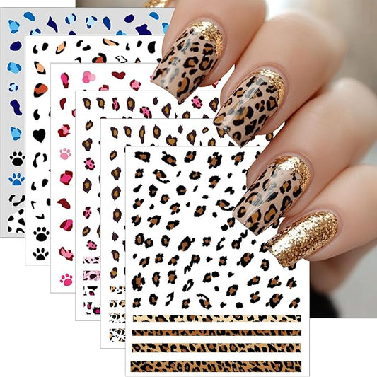 6 Sheets French Leopard Nail Stickers 3D Self-Adhesive Pink Brown Leopard Nail Designs Colorful Animals Suitable for Women Girls DIY