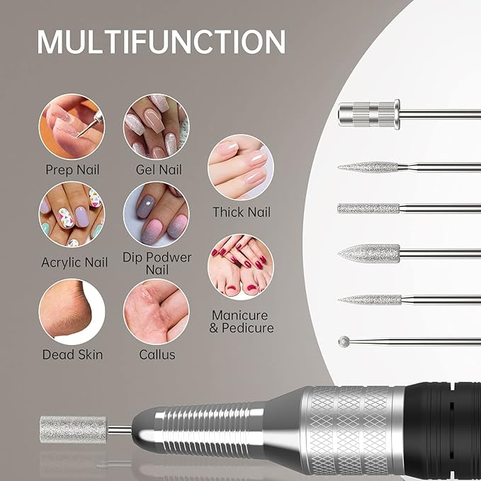 35000RPM Professional Nail Drill Machine, Kredioo Pro Electric Drill for Acrylic Nails Rechargeable Portable with 6 Bits, Sanding Bands, Cordless Efile for Gels Manicure Salon-White