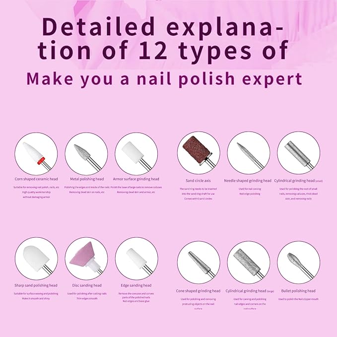 Portable Electric Nail File - Professional Manicure 25,000 RPM with 12PCS Nail Drill Bits, Nail Gel Polish Remover