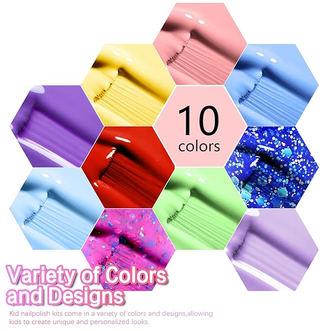 Kids Nail Polish - Water-Based Nail Polish 10 Colors Toddler Nail Polish Kit, Non-Toxic, Quick Dry, Peel Off, DIY Nail Polishs Gifts Kit for Girls Ages 3+