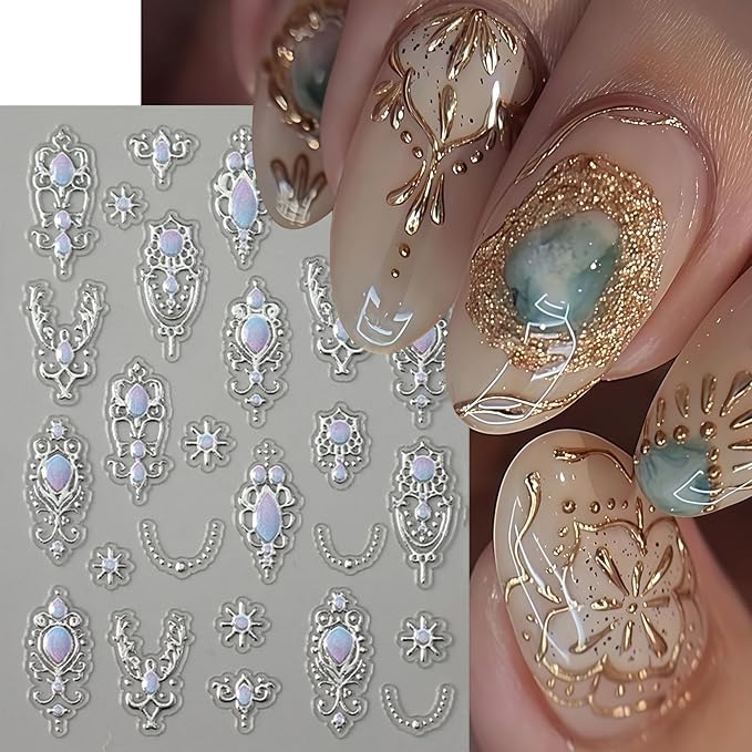 4Pcs 5D Embossed Gemstone Nail Stickers Gold Silver Nail Art Stickers Decals with Gold Mace Design Colorful Rhinestones Nail Stickers for Nail Art Mace Style Nail Decoration for Women Nails Supplies
