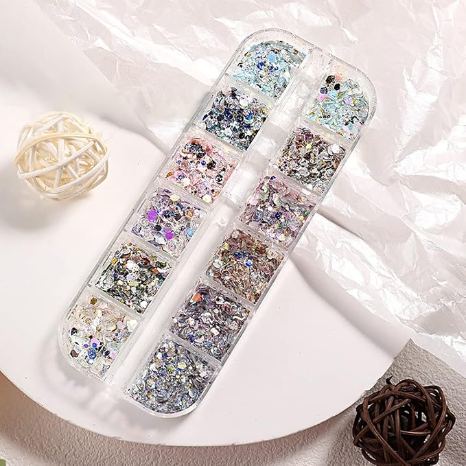 12 Colors Holographic Nail Art Glitter Sequins Chameleon Nail Sequin Hexagon Crafts Stickers Flake Nail Glitter Laser Mermaid Hexagon Confetti Glitters Design Nail Art Decoration for DIY Nail Charms