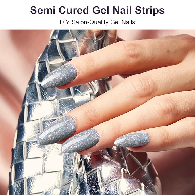 Semi Cured Gel Nail Strips,28 PCS Nail Art Stickers(Shiny Silver),Gel Stickers for Nails UV Light, Nail Polish Strips Includes Prep Pads, Nail File & Wood Stick