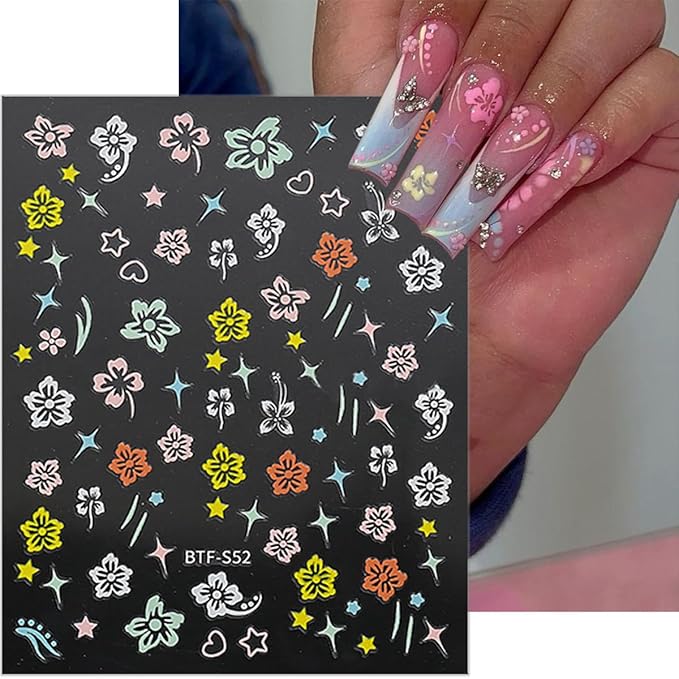 6 Sheets Flower Nail Stickers for Nail Stickers,Self Adhesive Hibiscus Nail Art Stickers 3D Pink White Silver Gold Flower Nail Design Stickers Summer Floral Nail Decals for Women Girls Nail Supplies