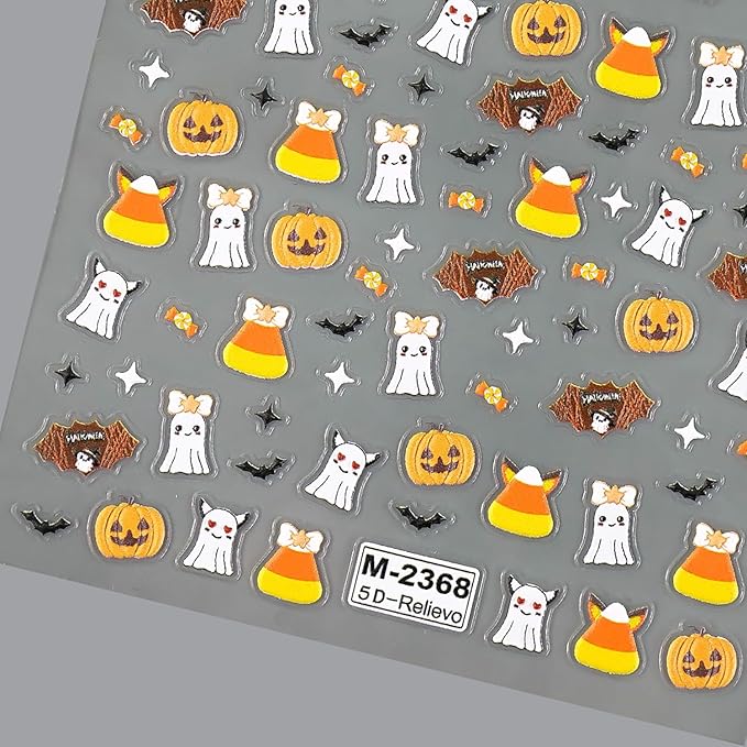 1 Sheets Halloween Nail Decals for Nail Art Cute Embossed Ghost Nail Stickers 5D Self-Adhesive Star Bat Candy Pumpkin Nail Art Stickers Scary Halloween Nail Decoration for Women DIY Nails Designs