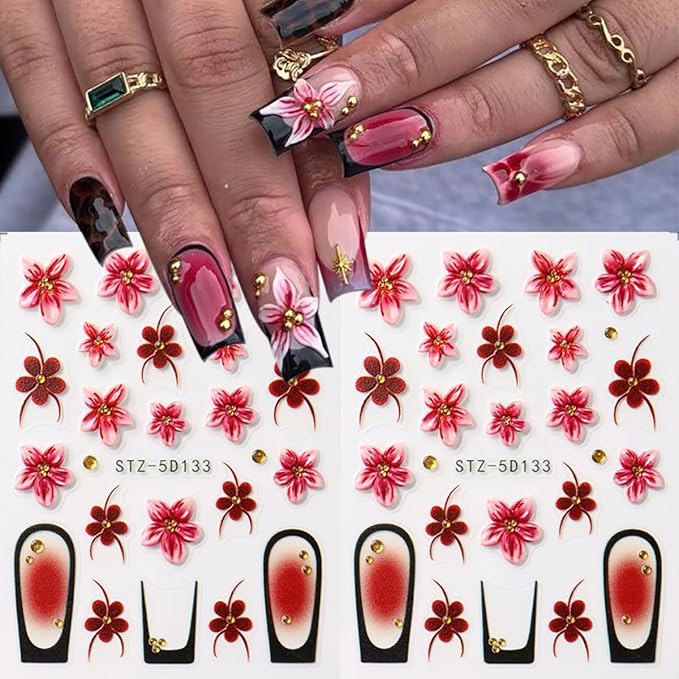 Fall Nail Stickers Flowers Nail Decals 5D Self-Adhesive Embossed Flower French Tip Design Nail Art Sticker Autumn Holiday Manicure DIY Acrylic Decoration for Women Party Nails