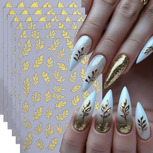6Pcs Fall Nail Stickers 3D Gold Maple Leaves Nail Decals DIY Self Adhesive Autumn Gold Glitter Leaves Design Thanksgiving Nail Decoration Supplies Holiday Manicure Accessories for Women Girls