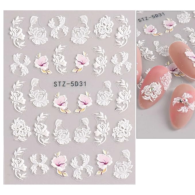 JMEOWIO 3D Embossed Spring Flower Nail Art Stickers Decals Self-Adhesive Pegatinas Uñas 5D Colorful Summer Floral Nail Supplies Nail Art Design Decoration Accessories 4 Sheets