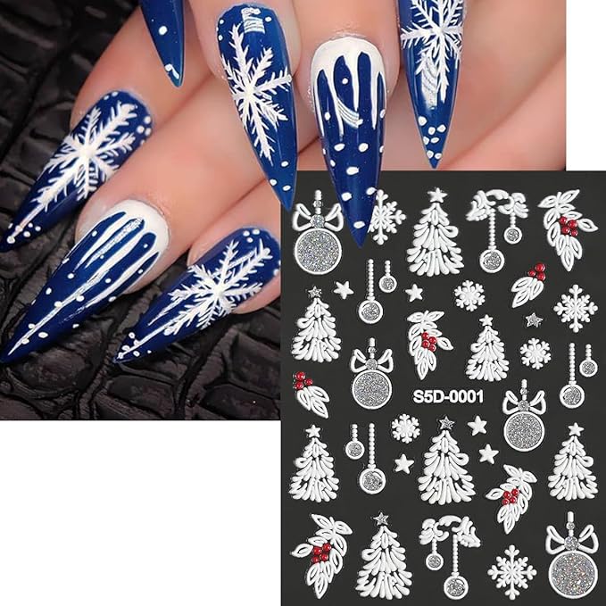 5 Sheets Christmas 5D Embossed Nail Art Stickers Gold Silver Glitter Nail Decals Self Adhesive Snowman Elk Gift Nail Design Stickers Snowflake Nail Stickers Winter Xmas Nail Art Supplies for Women DIY