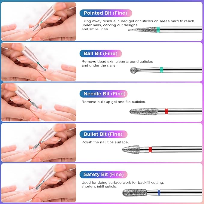25Pcs Nail Drill Bits Set, 3/32 Inch Tungsten Ceramic Diamond Carbide Nail Drill Bits for Acrylic Gel Polish, Cuticle Efile Remover for Manicure Pedicure