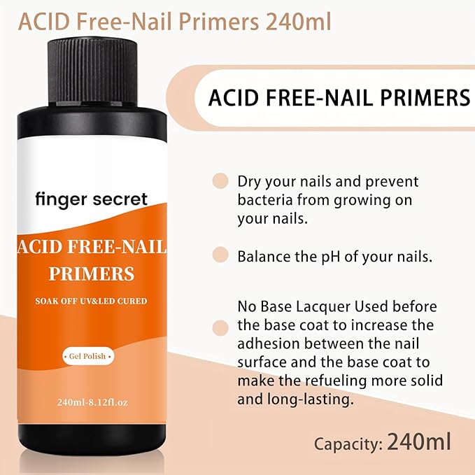 240ml/8floz Acid-Free Primer for Gel Nail Polish, Fast Air Dry Nail Primer, Builder Gel for Nails for Nail Art Design In Salon Or Home Use