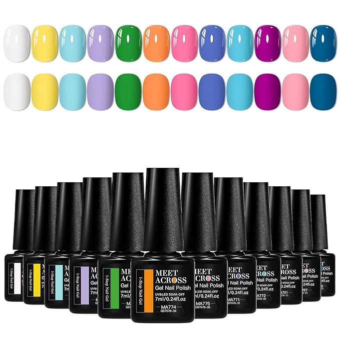 MEET ACROSS 12 Colors One Step Gel Polish, 3-in-1 Base Coat, Nail Color & Top Coat, One Step Gel Nail Polish Set Pink Purple Sky Blue Rainbow Colors Series 7ml