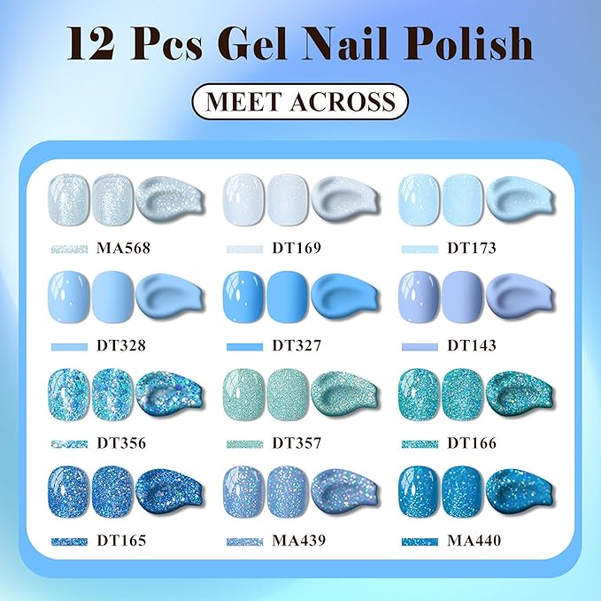 MEET ACROSS 12PCS Gel Nail Polish Set, 12 Colors Gel Nail Kit Art Design Soak Off UV LED,Nail Art Design Gifts for Women (Blue, 12PCS)